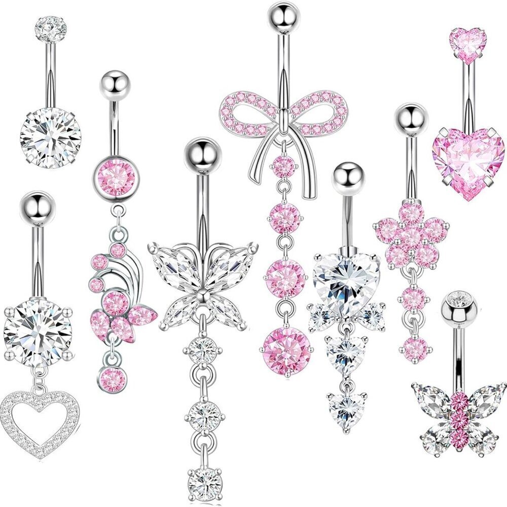 Charming 9-Piece Belly Button Ring Collection - Cute Heart, Flower & Butterfly